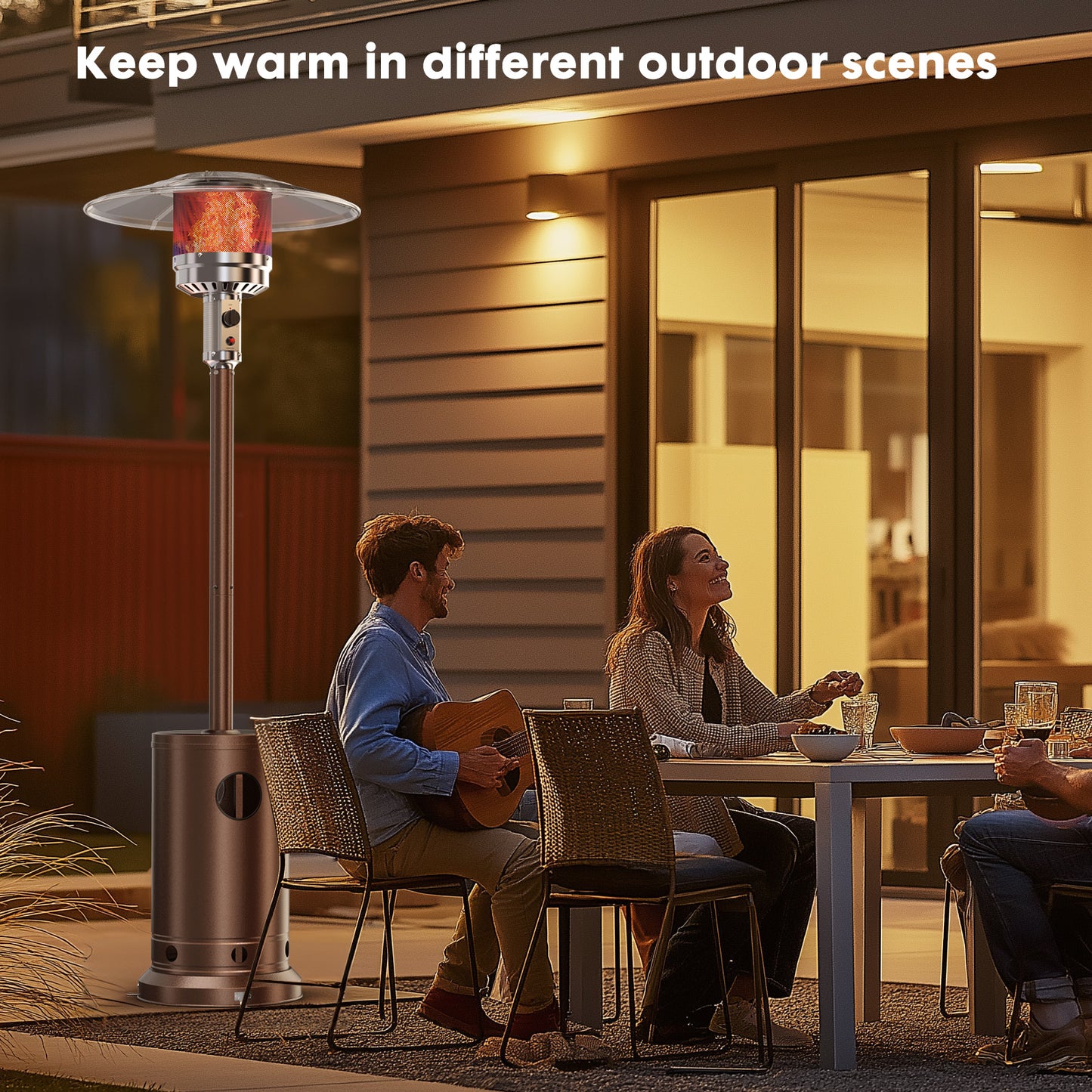 This 48,000 BTU outdoor propane heater warms up to an 18 ft diameter, ideal for patios, gardens, or commercial spaces. Features a double-layer stainless steel burner, tip-over protection, tabletop surface, and wheels for mobility. Includes spikes for added stability.