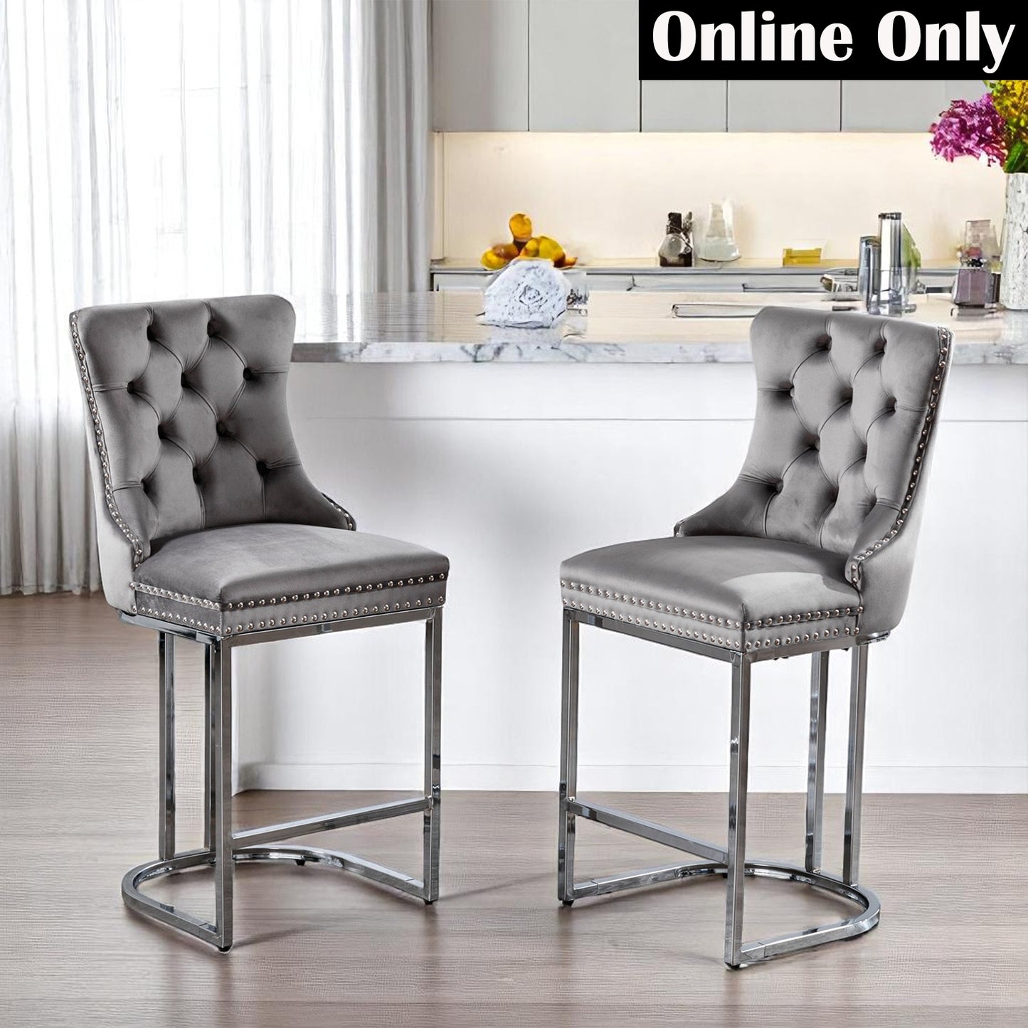 Velvet Tufted Wingback Bar Stools with Chrome Base - Set of 2