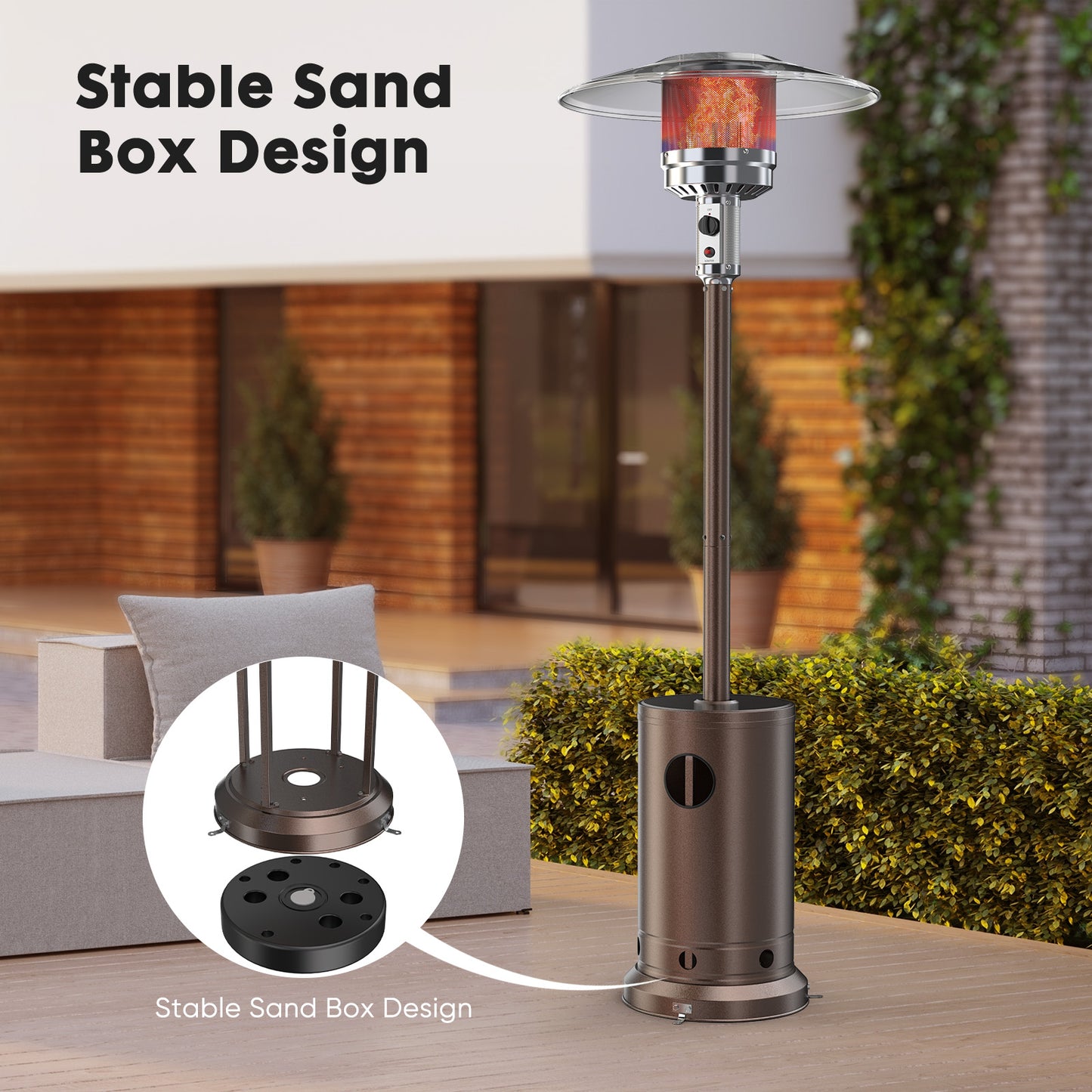 This 48,000 BTU outdoor propane heater warms up to an 18 ft diameter, ideal for patios, gardens, or commercial spaces. Features a double-layer stainless steel burner, tip-over protection, tabletop surface, and wheels for mobility. Includes spikes for added stability.