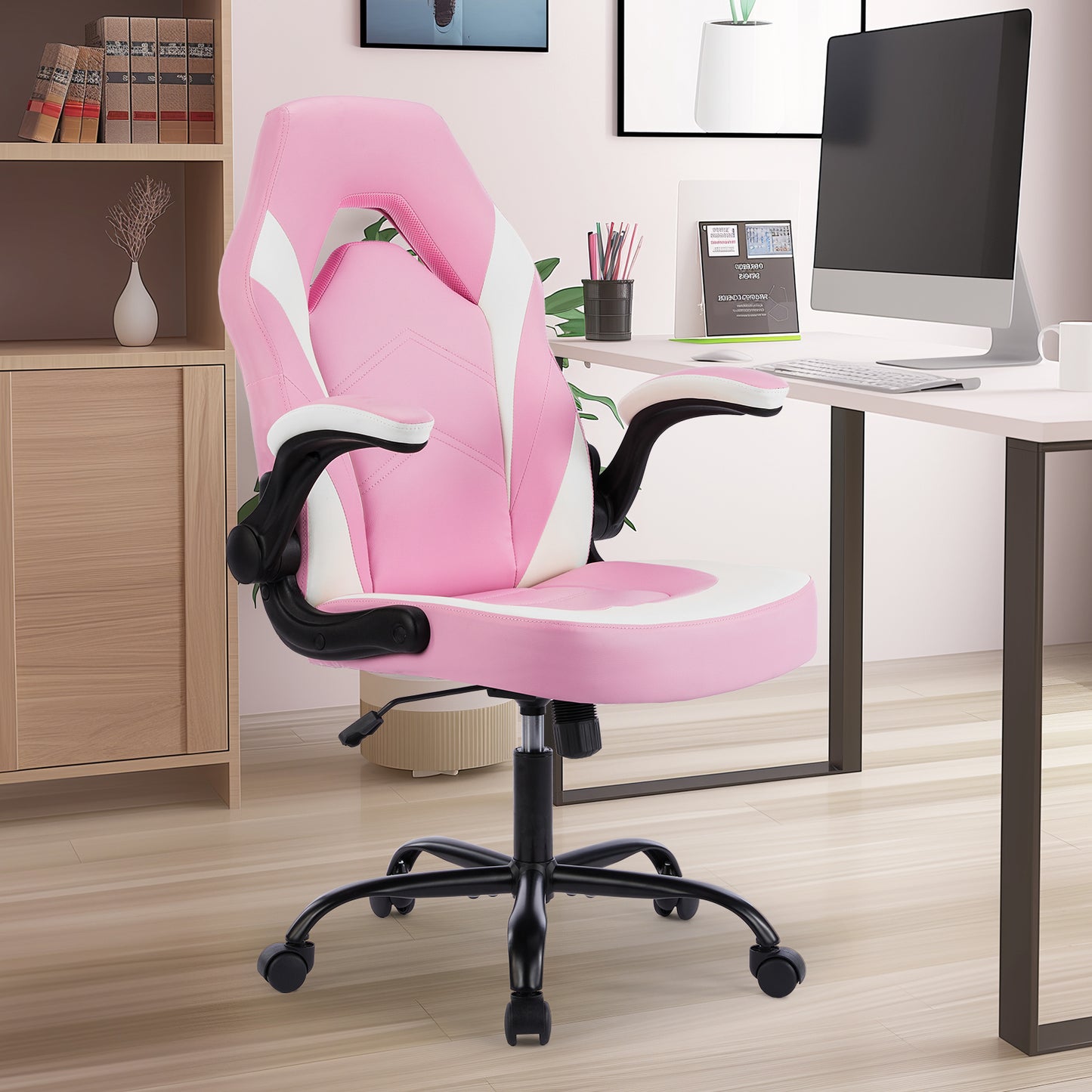 Ergonomic gaming desk chair with breathable PU leather, flip-up arms, and adjustable height. Features a thick cushion, hollow back, and rocking motion for long gaming or work sessions. Ideal for home office, gaming setups, or entertainment rooms.