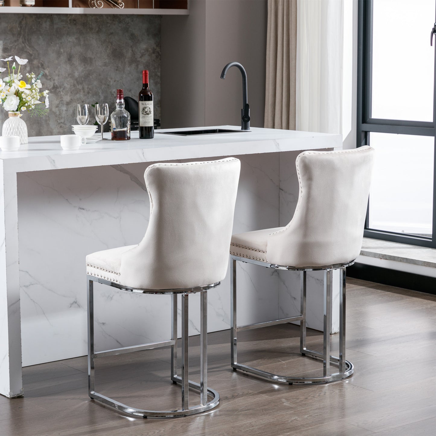 Velvet Tufted Wingback Bar Stools with Chrome Base - Set of 2