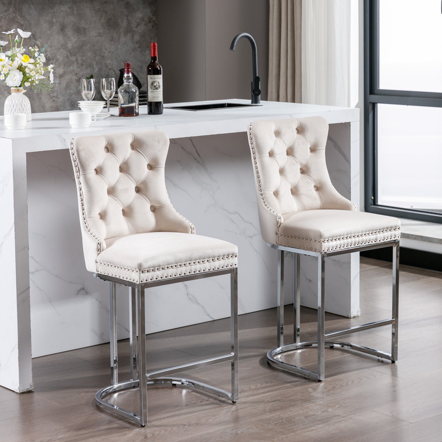 Velvet Tufted Wingback Bar Stools with Chrome Base - Set of 2