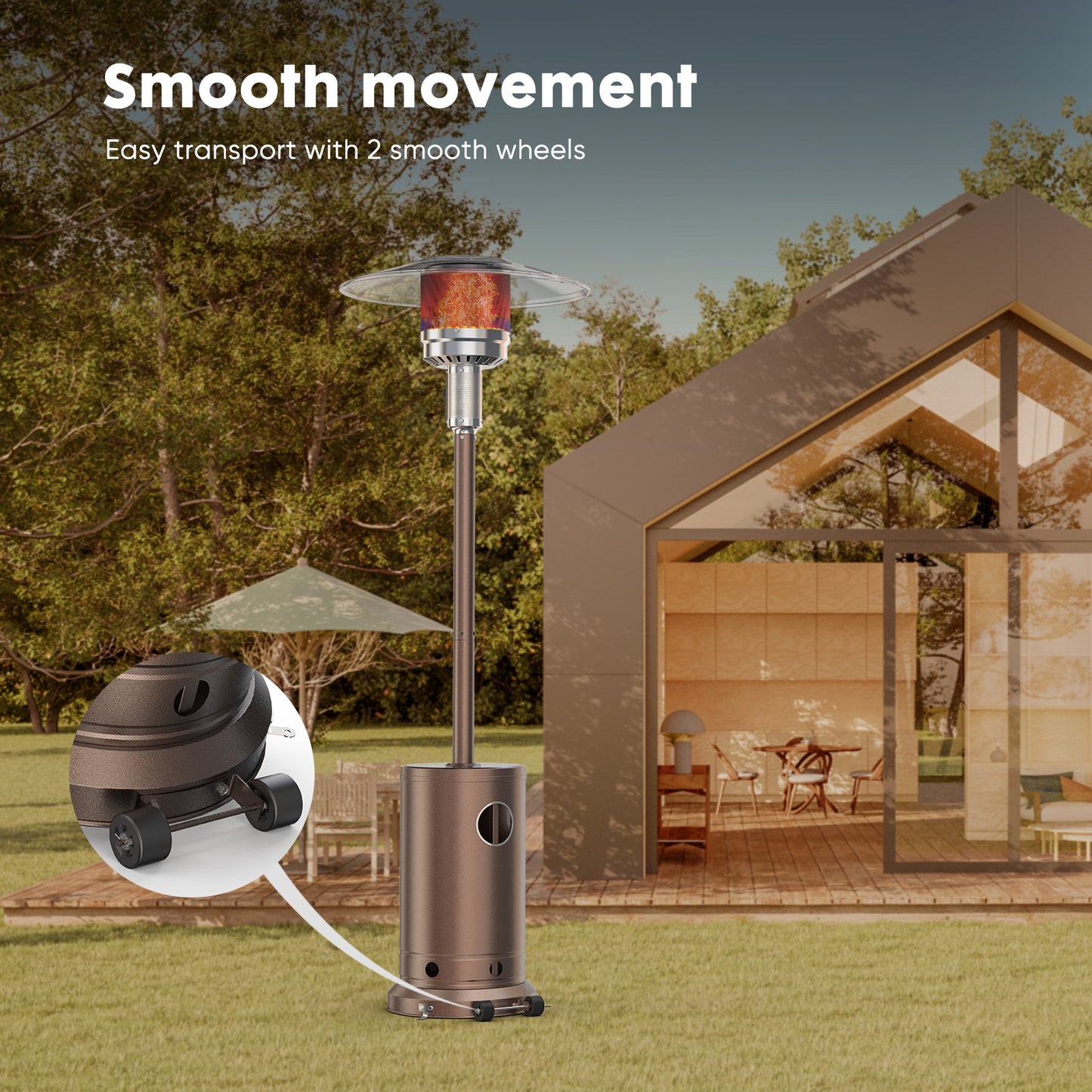 This 48,000 BTU outdoor propane heater warms up to an 18 ft diameter, ideal for patios, gardens, or commercial spaces. Features a double-layer stainless steel burner, tip-over protection, tabletop surface, and wheels for mobility. Includes spikes for added stability.