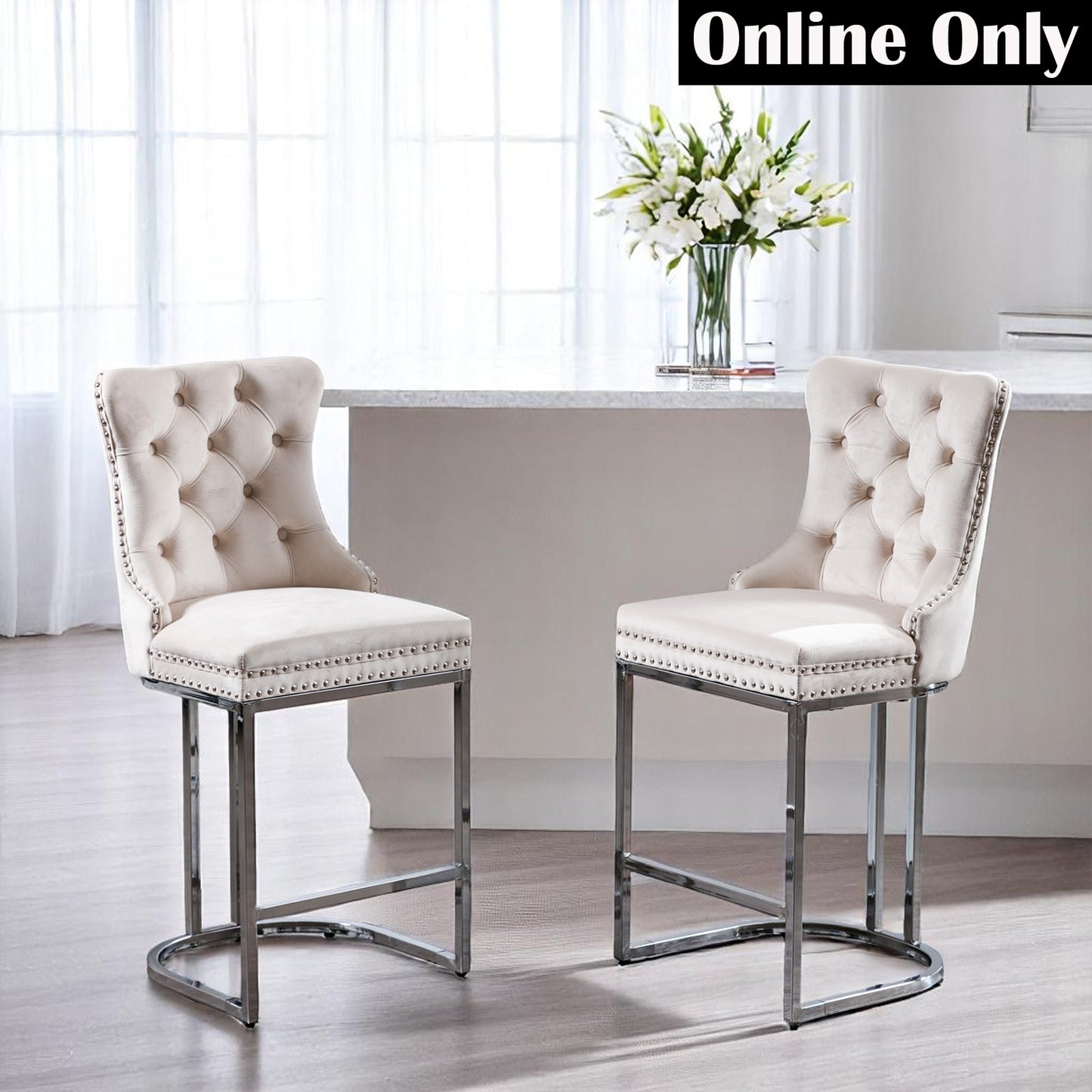 Velvet Tufted Wingback Bar Stools with Chrome Base - Set of 2