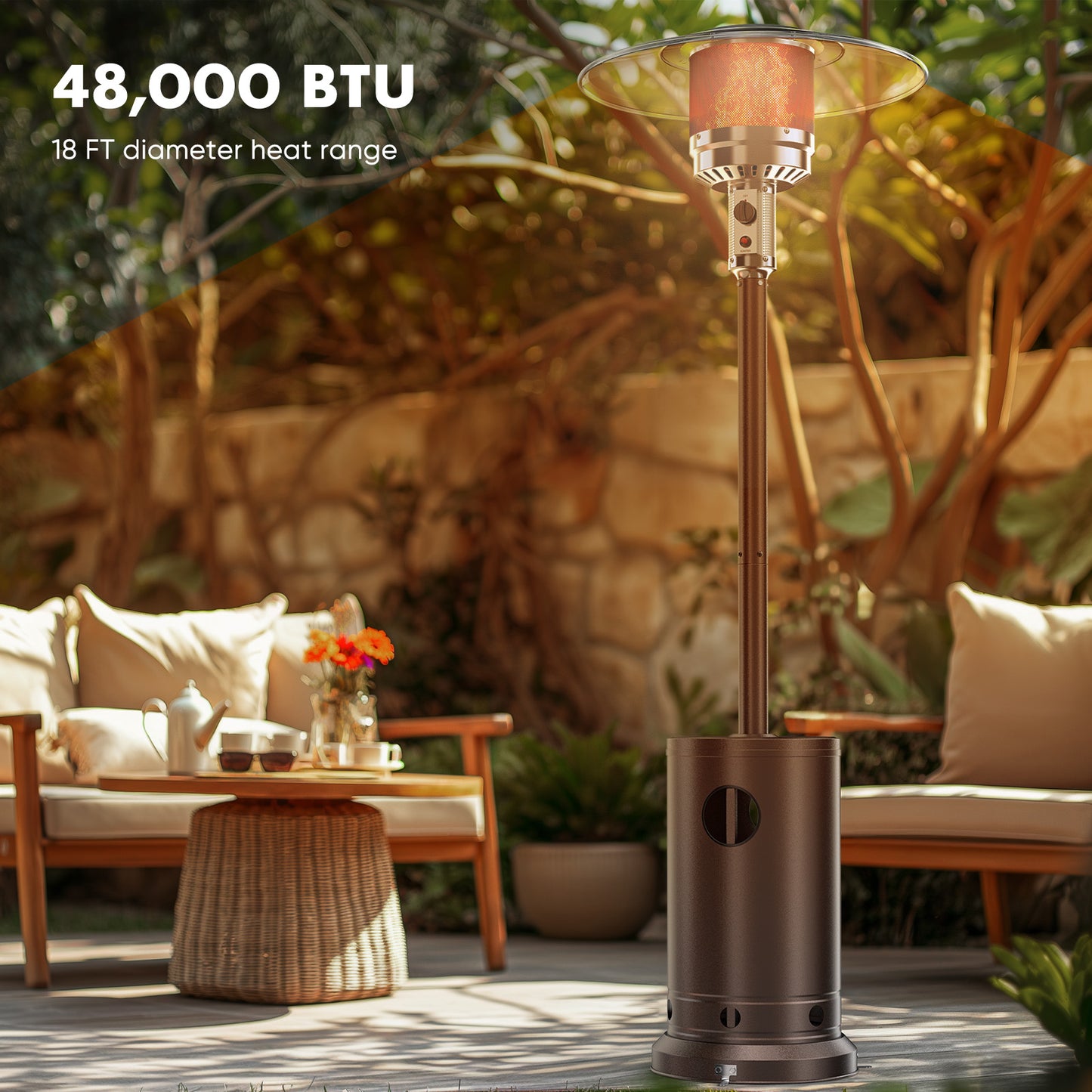 This 48,000 BTU outdoor propane heater warms up to an 18 ft diameter, ideal for patios, gardens, or commercial spaces. Features a double-layer stainless steel burner, tip-over protection, tabletop surface, and wheels for mobility. Includes spikes for added stability.