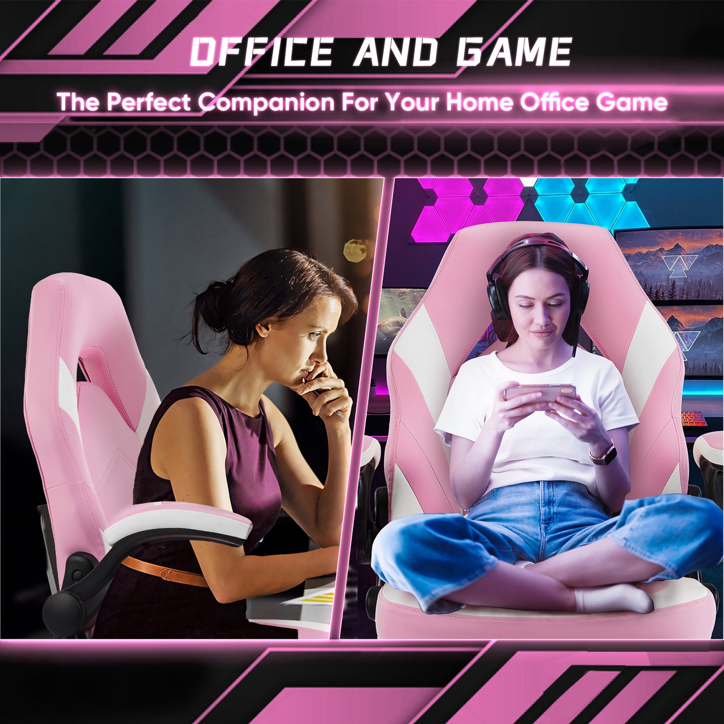 Ergonomic gaming desk chair with breathable PU leather, flip-up arms, and adjustable height. Features a thick cushion, hollow back, and rocking motion for long gaming or work sessions. Ideal for home office, gaming setups, or entertainment rooms.