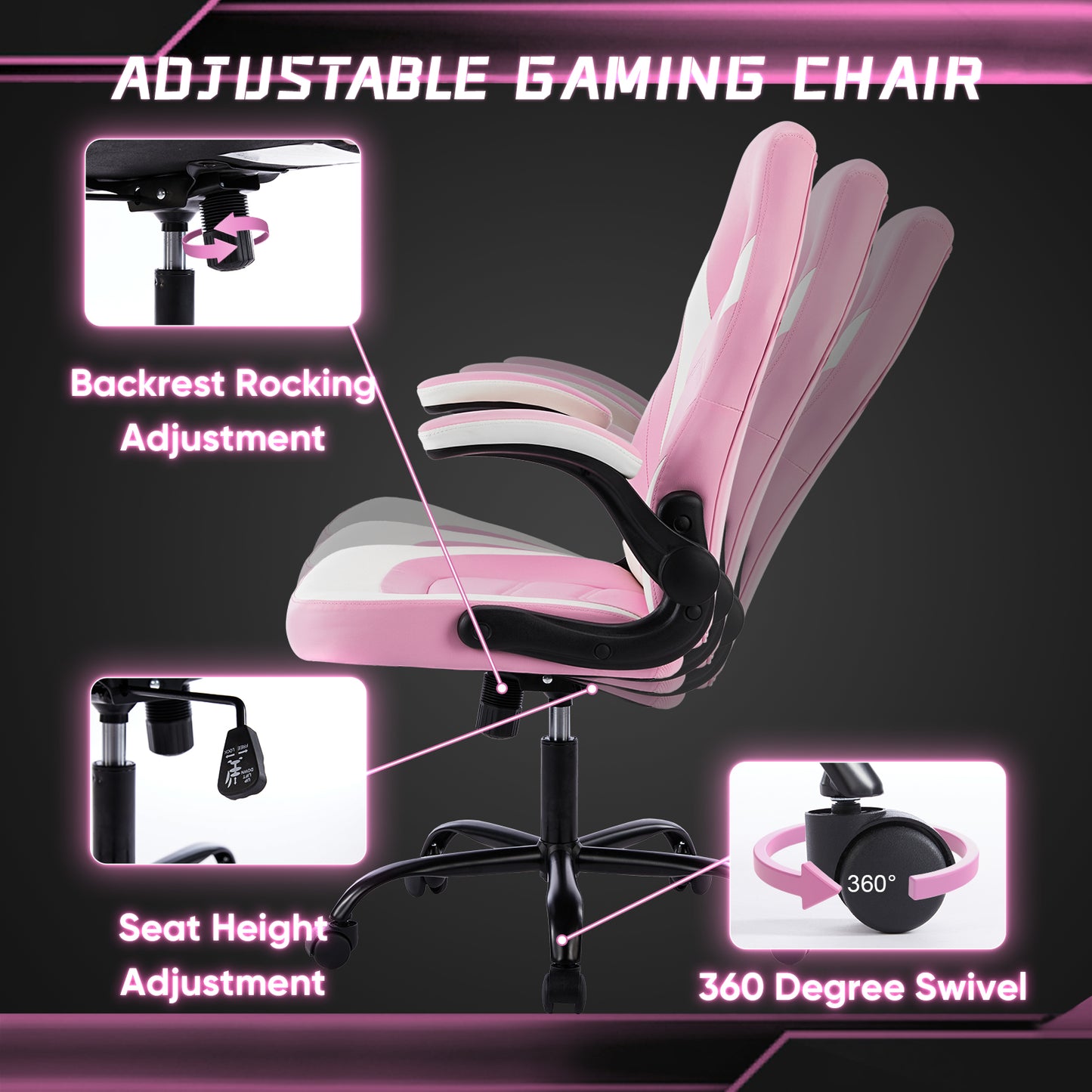 Ergonomic gaming desk chair with breathable PU leather, flip-up arms, and adjustable height. Features a thick cushion, hollow back, and rocking motion for long gaming or work sessions. Ideal for home office, gaming setups, or entertainment rooms.