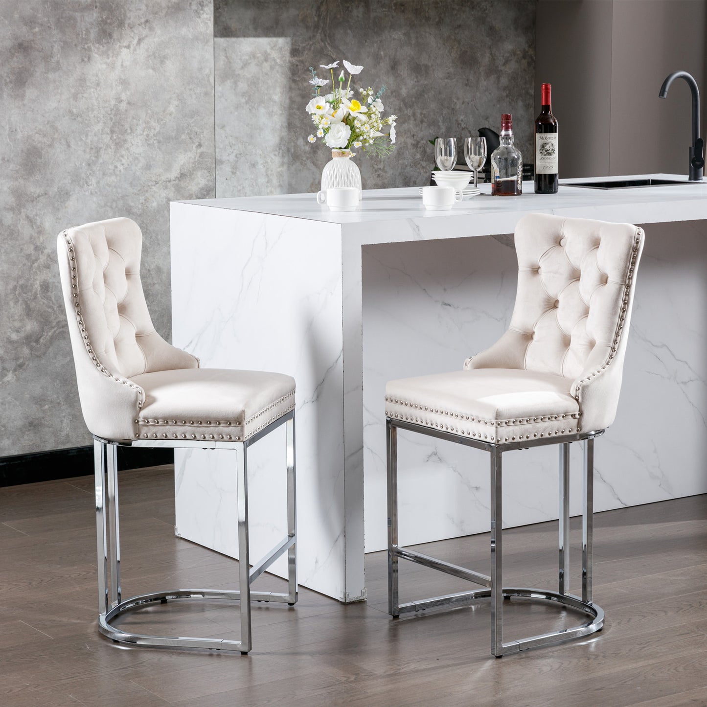 Velvet Tufted Wingback Bar Stools with Chrome Base - Set of 2