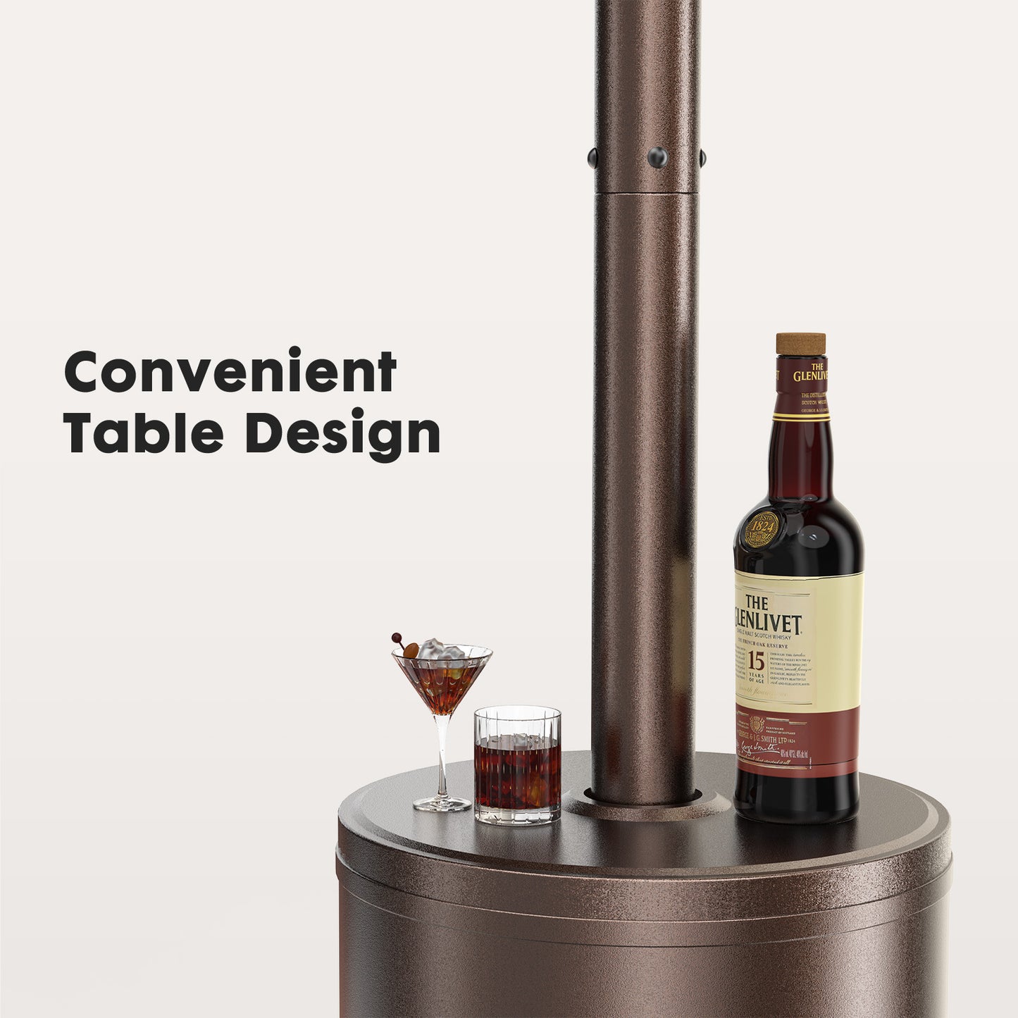 This 48,000 BTU outdoor propane heater warms up to an 18 ft diameter, ideal for patios, gardens, or commercial spaces. Features a double-layer stainless steel burner, tip-over protection, tabletop surface, and wheels for mobility. Includes spikes for added stability.