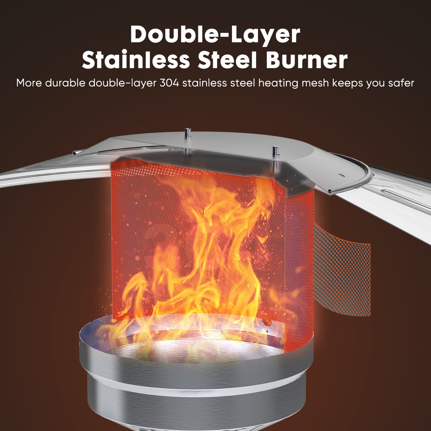 This 48,000 BTU outdoor propane heater warms up to an 18 ft diameter, ideal for patios, gardens, or commercial spaces. Features a double-layer stainless steel burner, tip-over protection, tabletop surface, and wheels for mobility. Includes spikes for added stability.