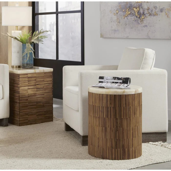 Ondine Round Stone Wood Tile End Table