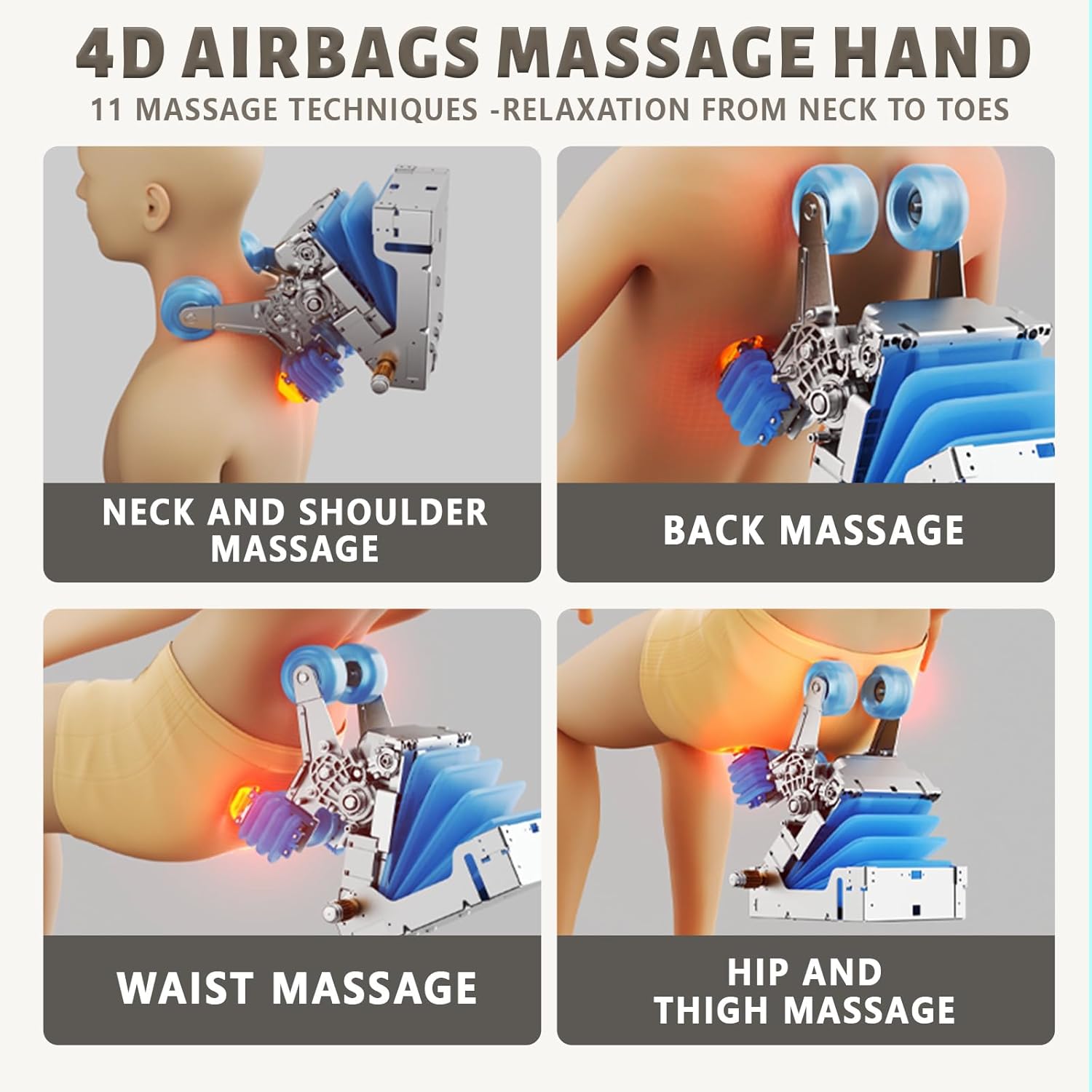 4D airbags massage for neck, shoulders, back, waist, hip and thigh