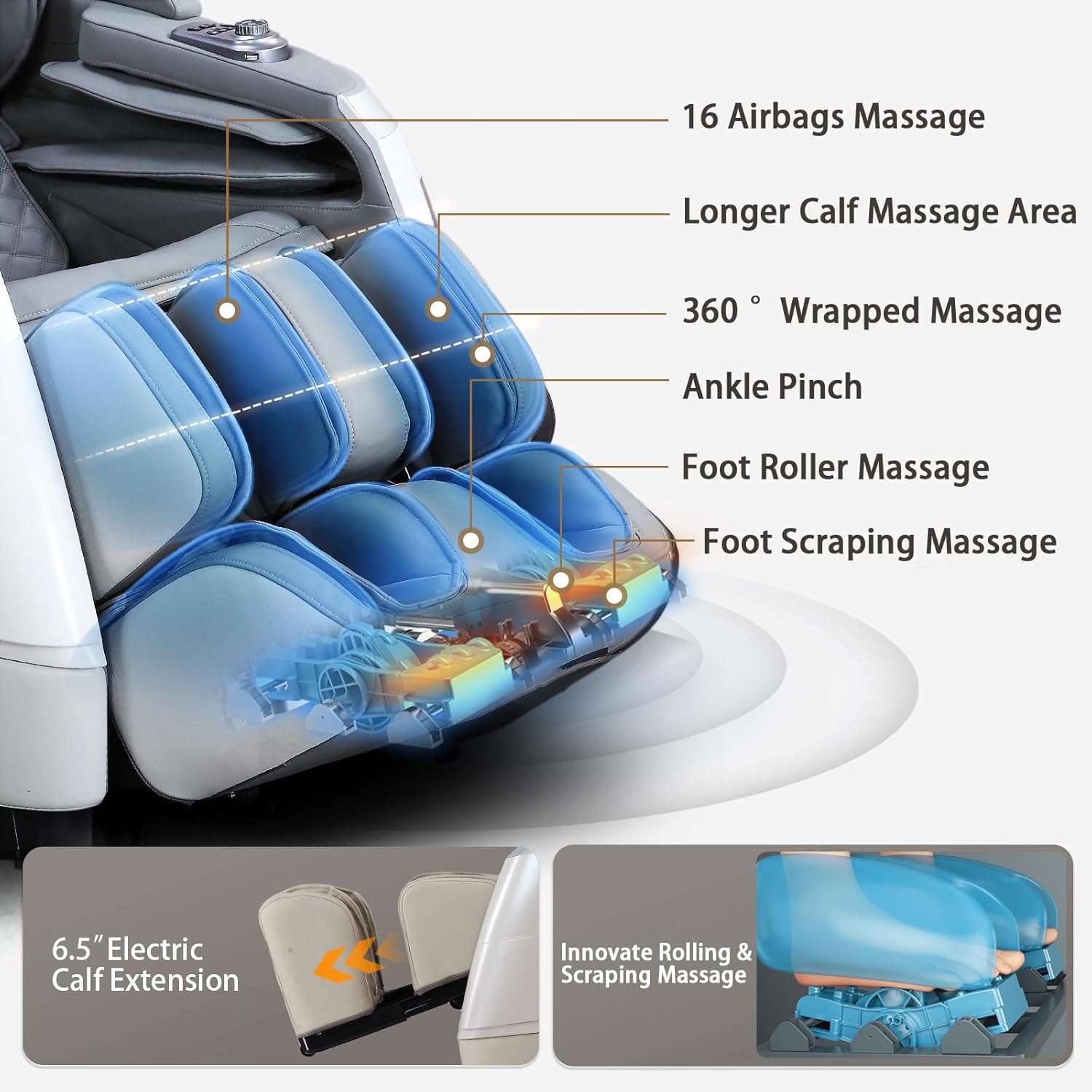 more airbags, 360° wrapped longer calf massage area, ankle pinch, foot roller & scraping massage