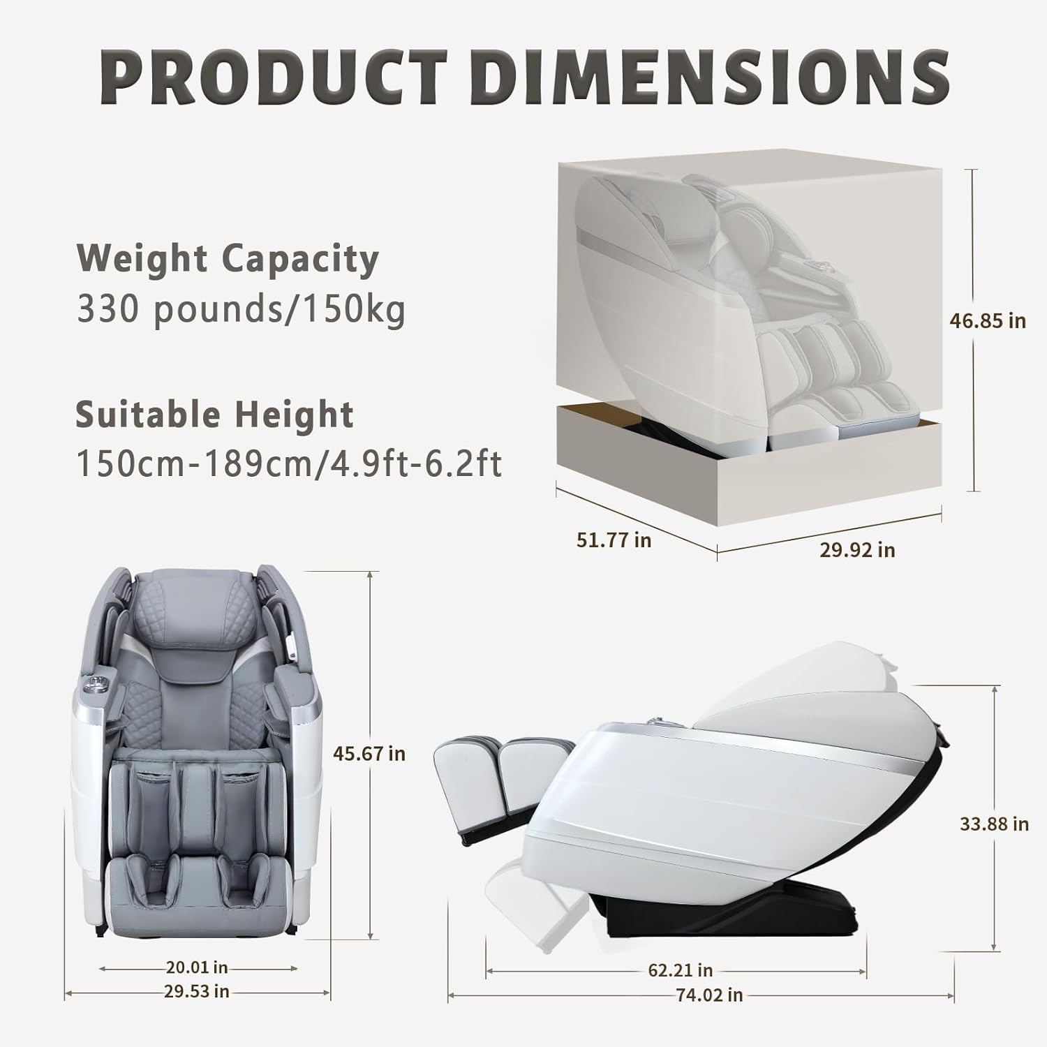 massage chair dimensions: 46.85"H x 51.77"D x 29.92"W. massage chair weight capacity: 330lbs/150kg.