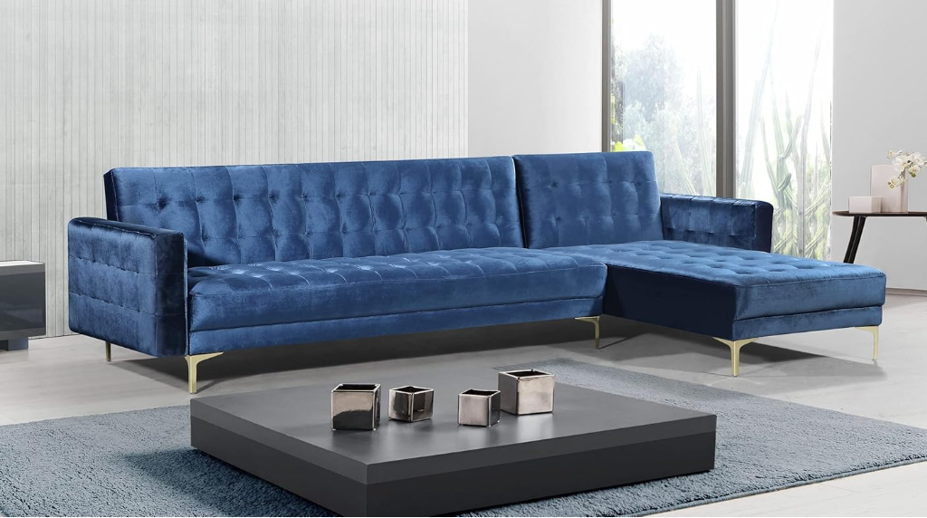 Amanadal Velvet Right Sectional and Chaise Navy