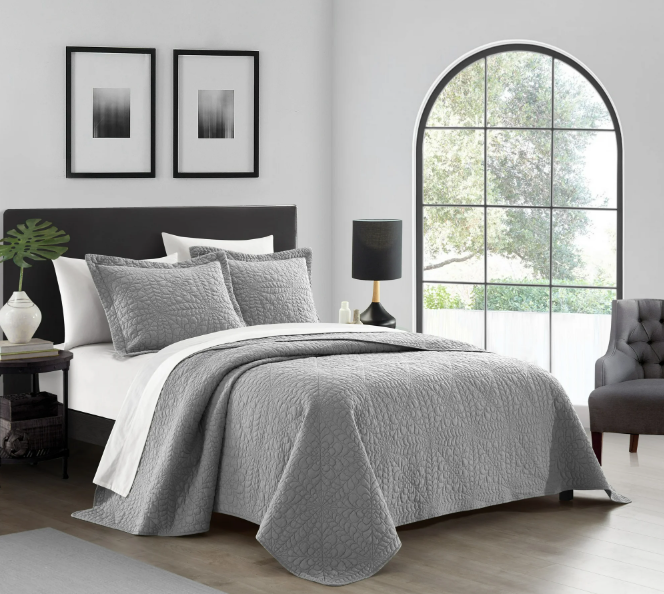 GREY 3 Piece Cotton Quilt Set QUEEN SIZE