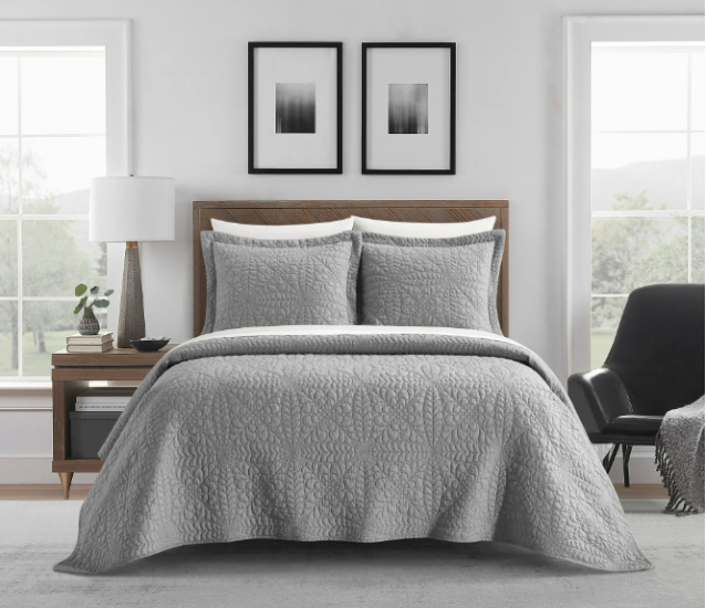 GREY 3 Piece Cotton Quilt Set QUEEN SIZE