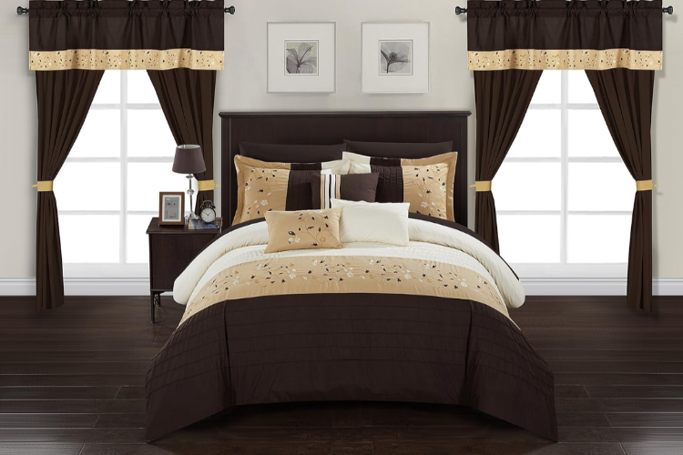 Sonita 20 Piece Comforter Set Color Block Floral Embroidered Bag Bedding-Sheets, King, Brown