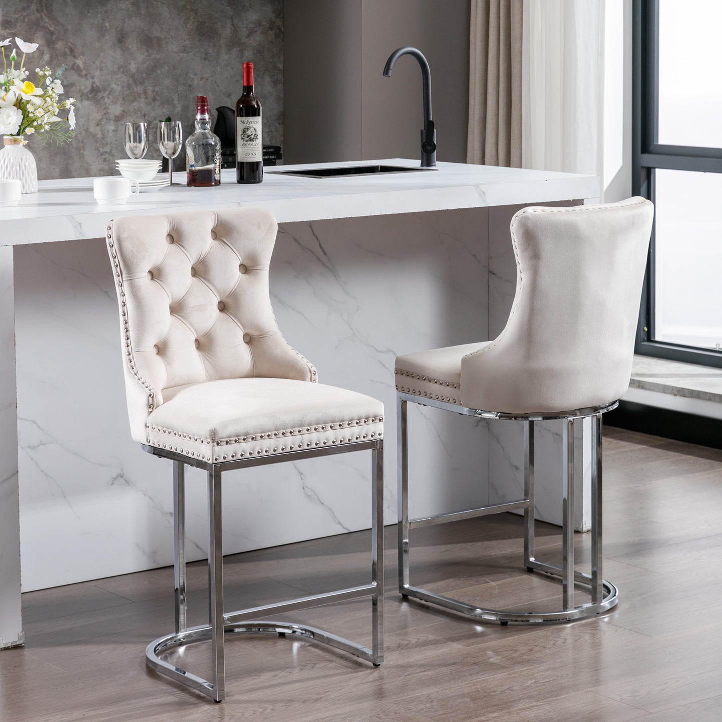 Velvet Tufted Wingback Bar Stools with Chrome Base - Set of 2