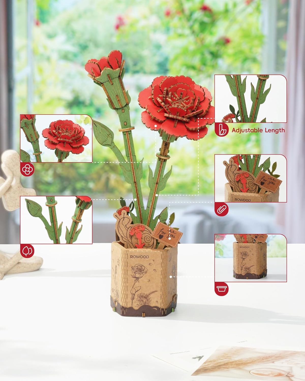 Red Carnation (TW052) -Wooden Bloom Craft