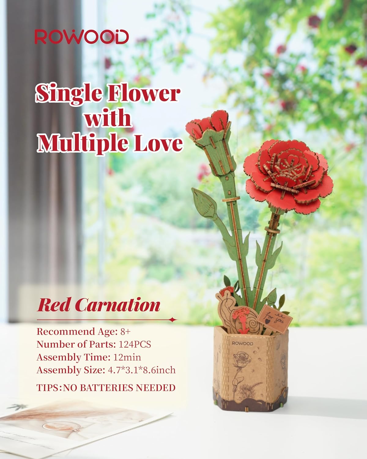 Red Carnation (TW052) -Wooden Bloom Craft