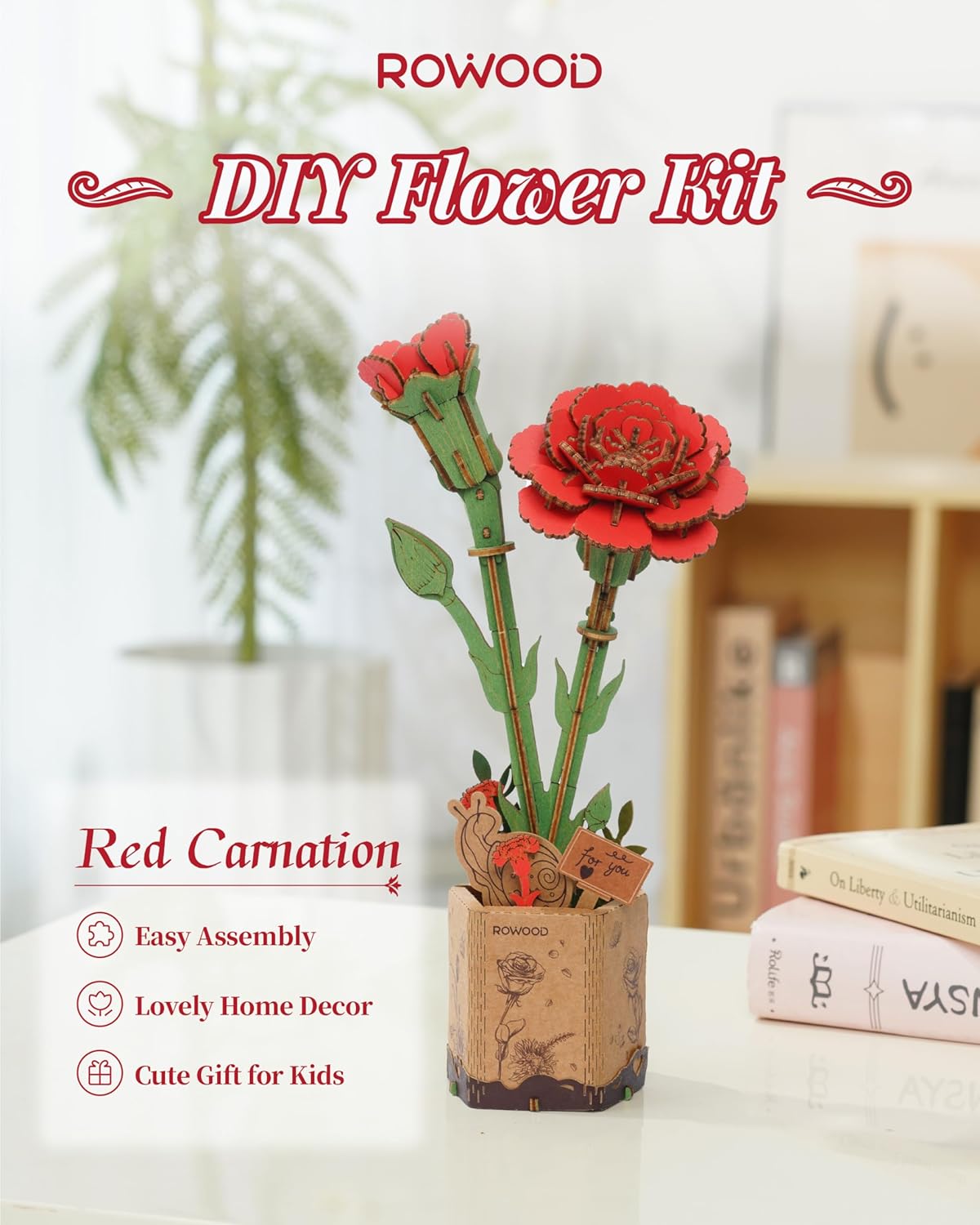 Red Carnation (TW052) -Wooden Bloom Craft