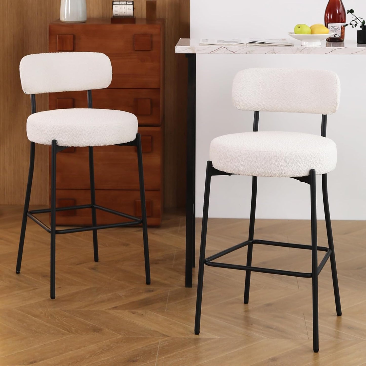 Bar Stools Set of 2, 27 Inches Boucle Counter Height Bar Stools with Back, White Modern Tall Bar Stools with Metal Legs for Kitchen Island(open box, brand new)