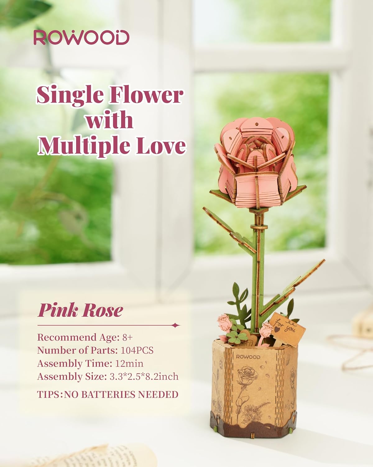 Pink Rose (TW041) -Wooden Bloom Craft