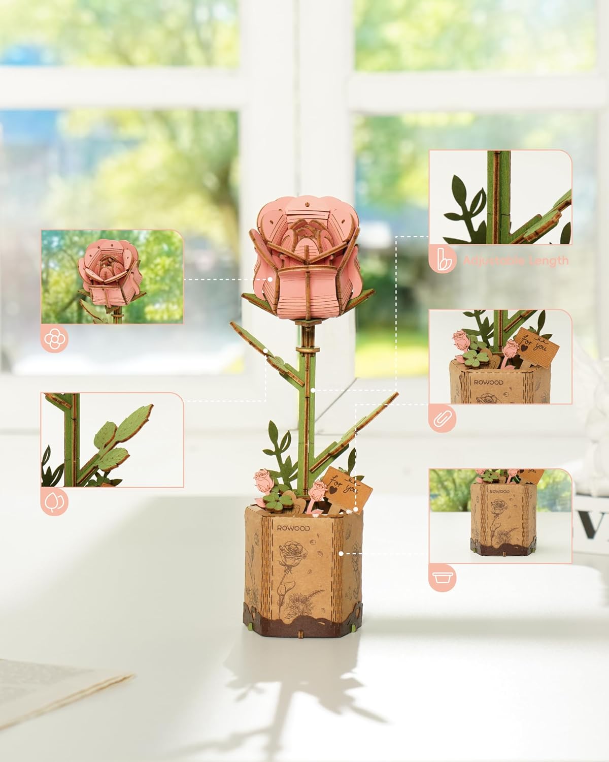 Pink Rose (TW041) -Wooden Bloom Craft