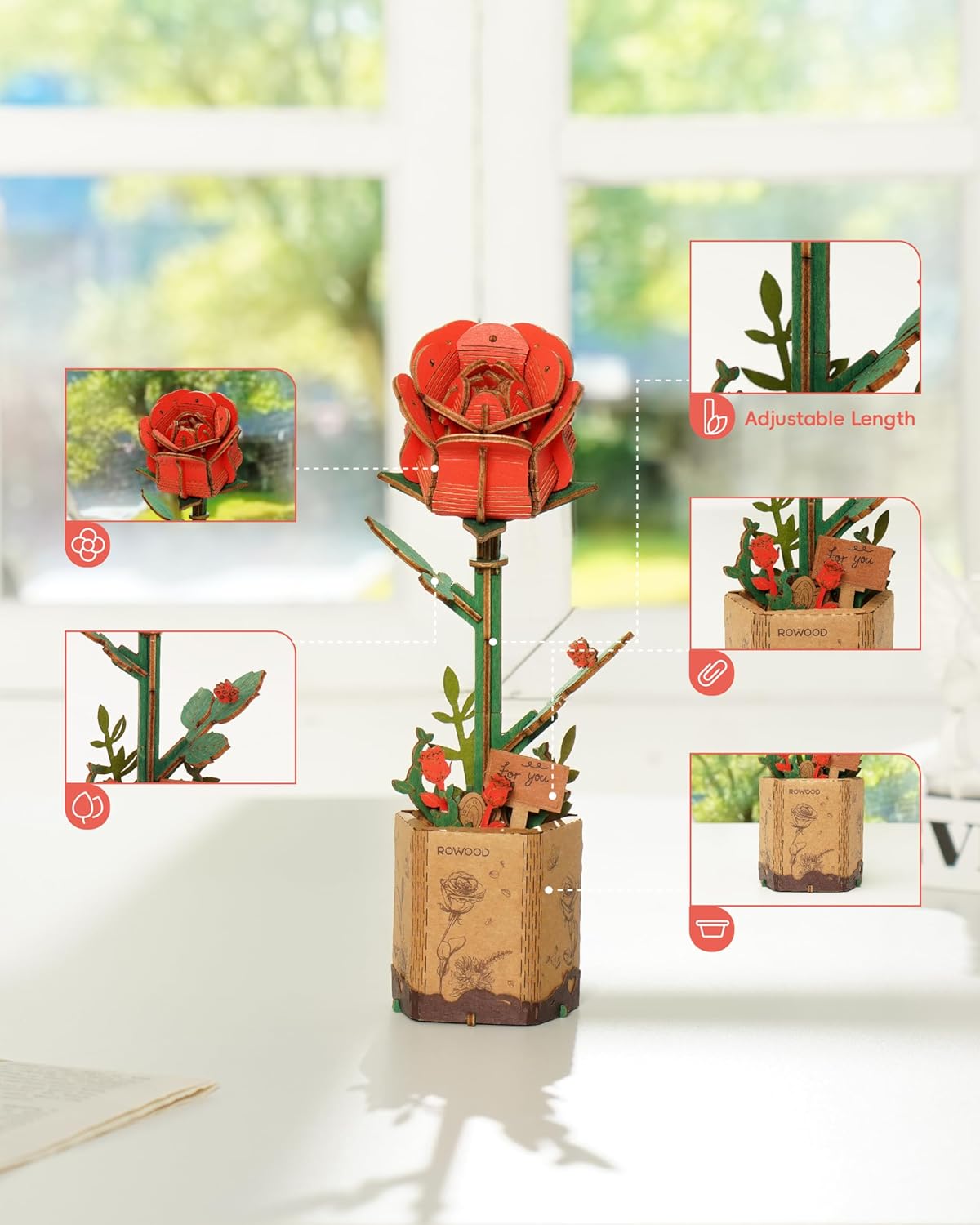 Red Rose (TW042) -Wooden Bloom Craft