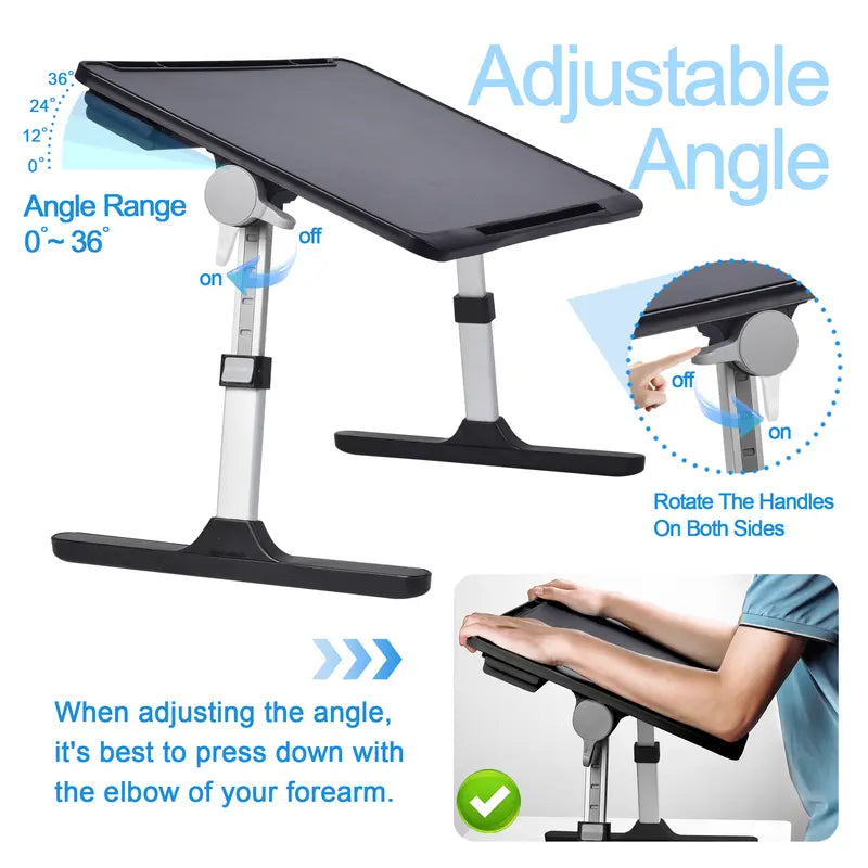 Foldable & easy to store lap desks for bed and low sitting with USB, drawers, light, fan, tablet holders. Adjustable angles for the table 0-36°