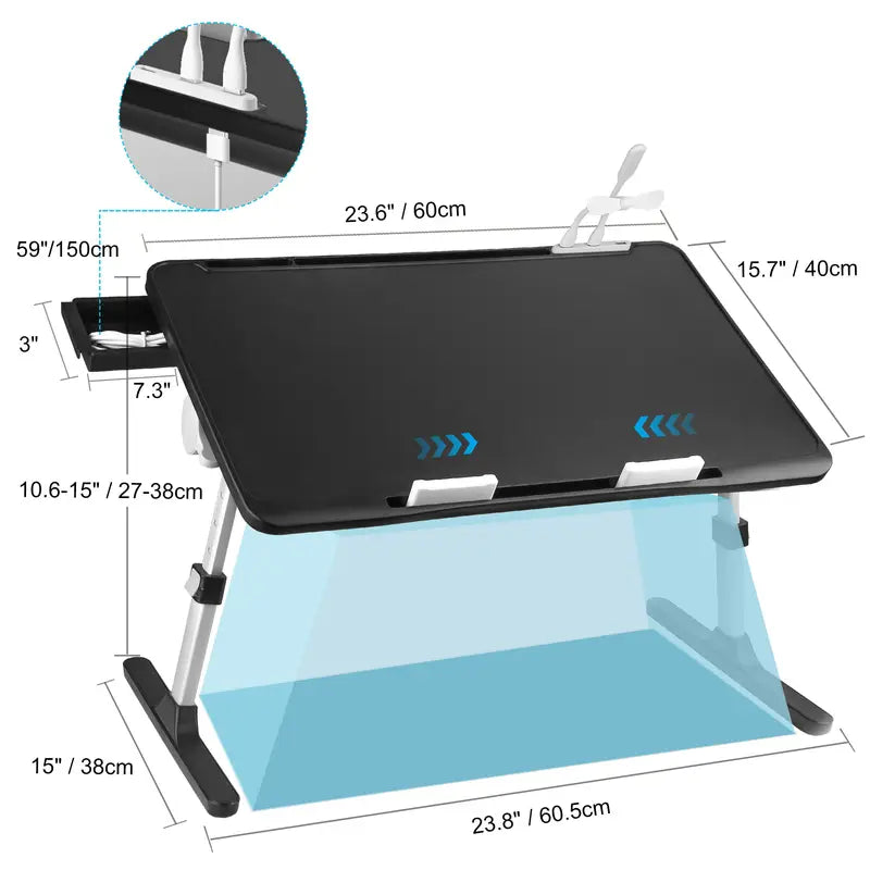 Foldable & easy to store lap desks for bed and low sitting with USB, drawers, light, fan, tablet holders. Width 23.8"