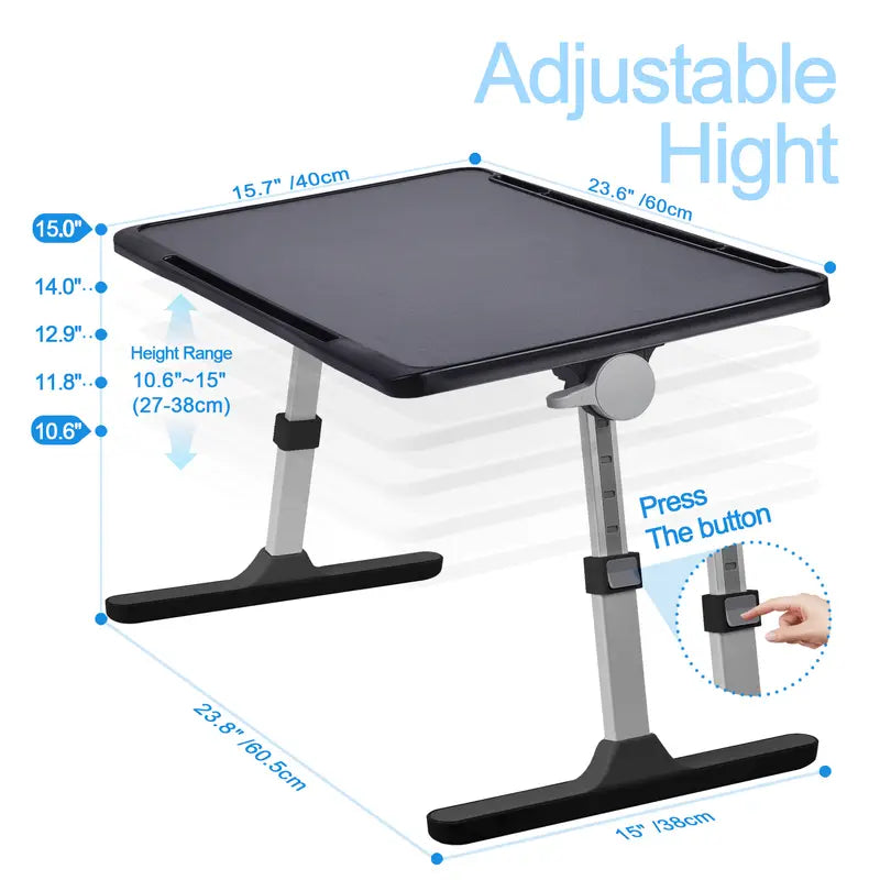 Foldable & easy to store lap desks for bed and low sitting with USB, drawers, light, fan, tablet holders. Height range 10.6"~15"