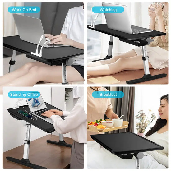 Foldable & easy to store lap desks for bed and low sitting with USB, drawers, light, fan, tablet holders. For working on bed, browsing and streaming, standing office, meals in bed