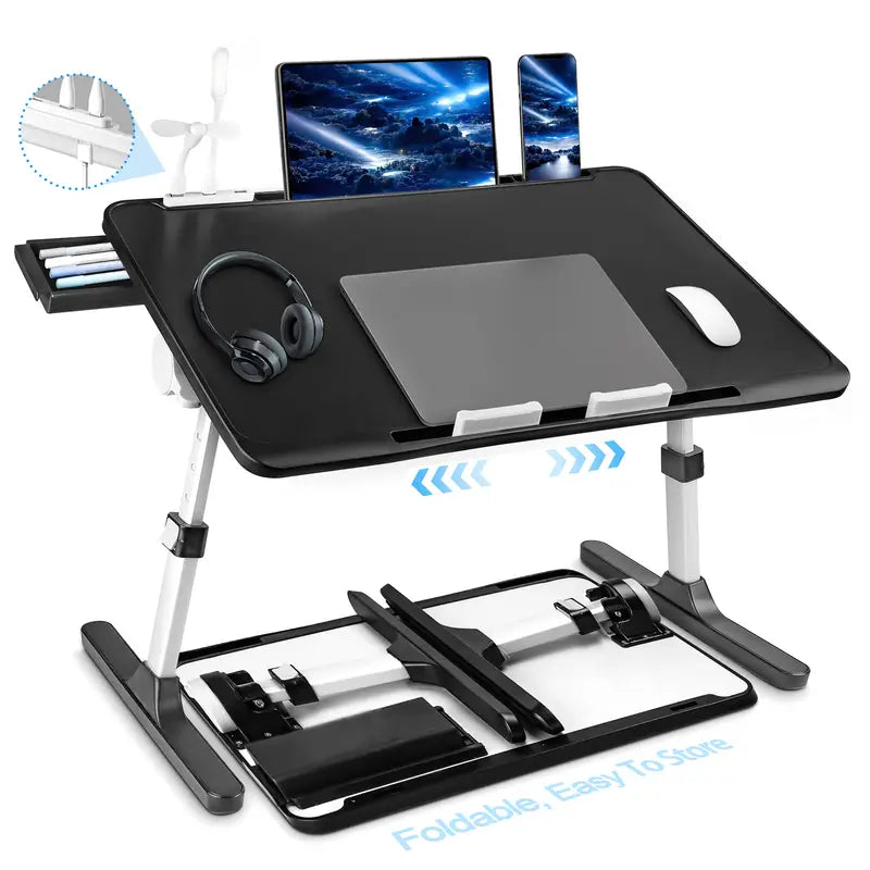 Foldable & easy to store lap desks for bed and low sitting with USB, drawers, light, fan, tablet holders