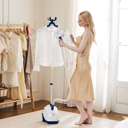 1500W garment steamer for clothes heats in 45s and delivers 55 mins of continuous steam. Adjustable steam for cotton, silk, wool & linen. Features 1.7L tank, auto shut-off, and adjustable height for easy wrinkle removal on garments, curtains, and upholstery.