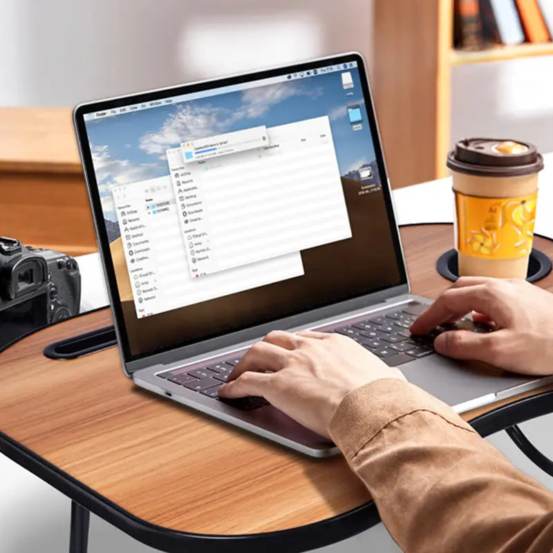 Portable desk for laptop and coffee, perfect for working outside