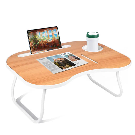 Foldable lap desk with cup holder and tablet holder. Lightweight and portable