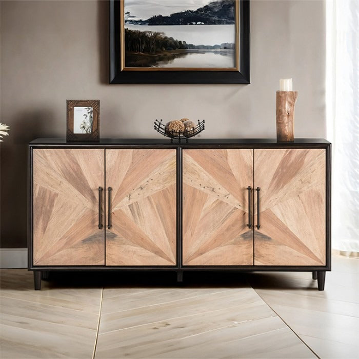 Wooden sideboard with geometric design in a room setting