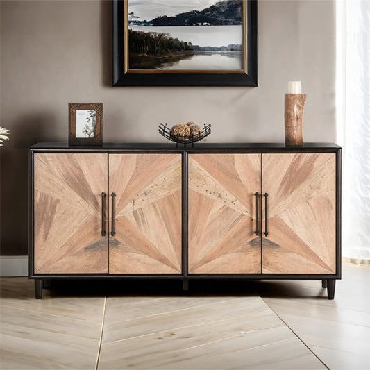 Wooden sideboard with geometric design in a room setting