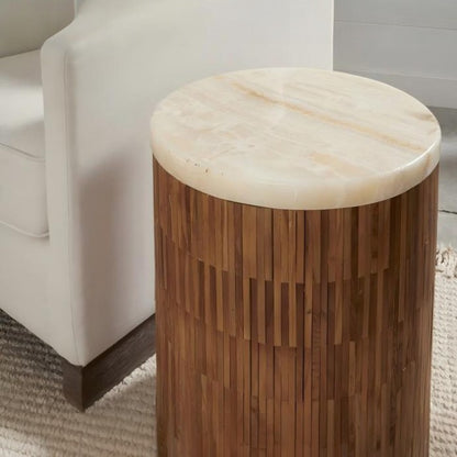 Ondine Round Stone Wood Tile End Table