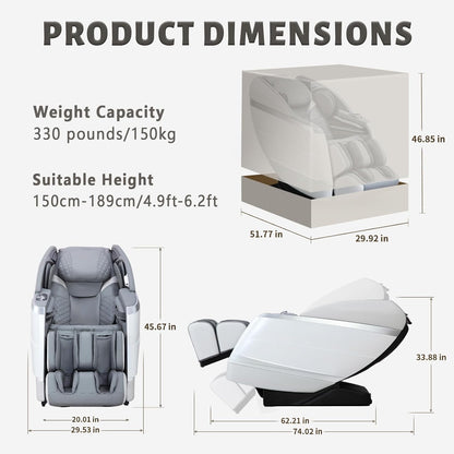 massage chair dimensions: 46.85"H x 51.77"D x 29.92"W. massage chair weight capacity: 330lbs/150kg.