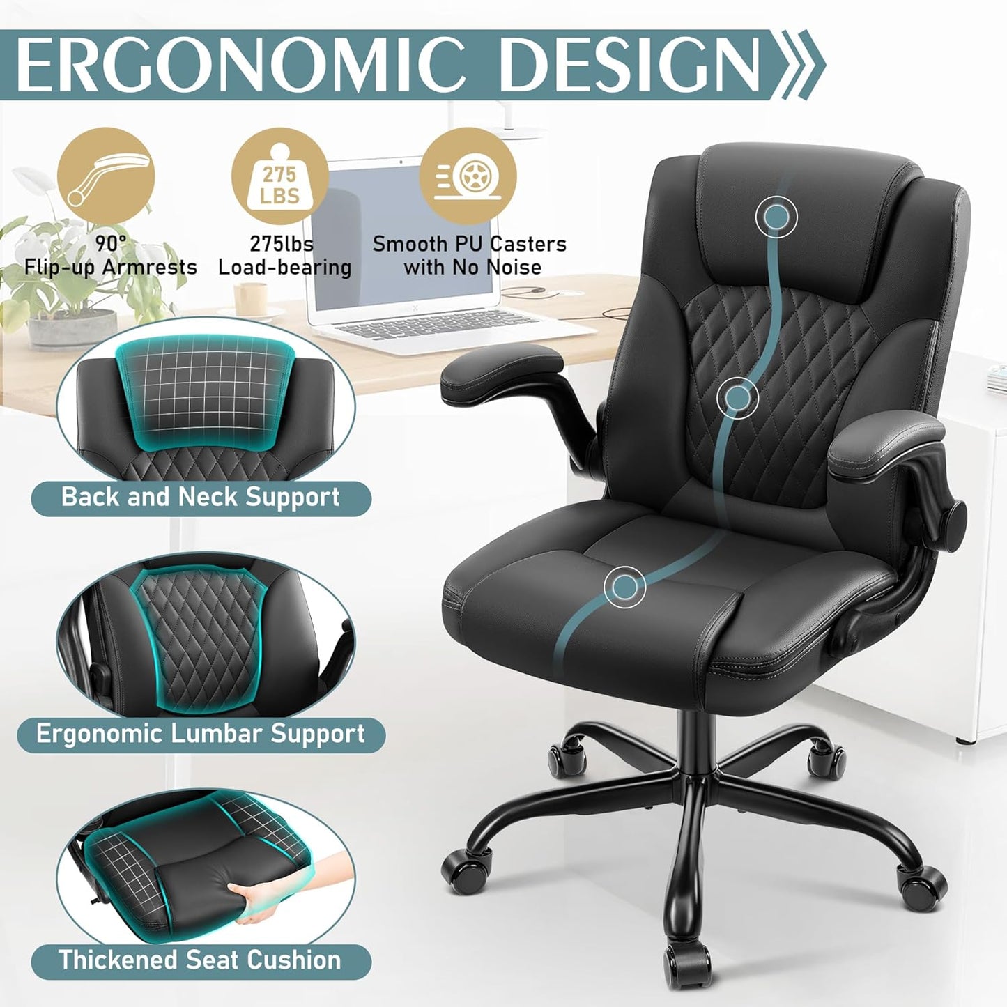 PU Leather Office Chair, Ergonomic Back Support & 360°Swivel - Black