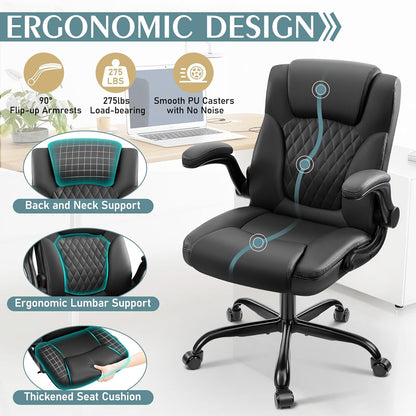 PU Leather Office Chair, Ergonomic Back Support & 360°Swivel - Black
