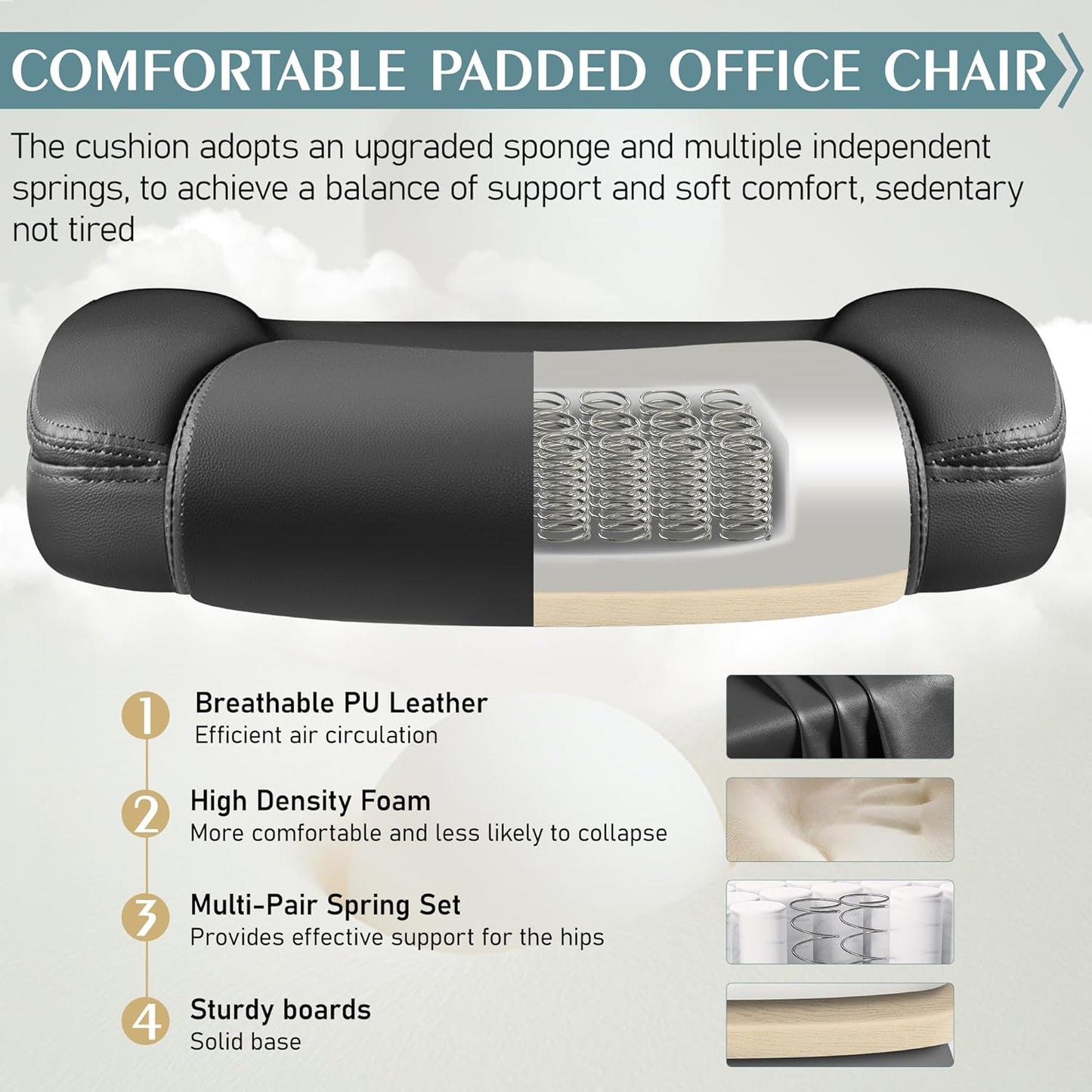 PU Leather Office Chair, Ergonomic Back Support & 360°Swivel - Black