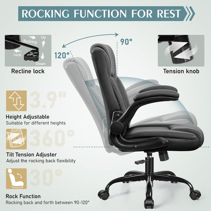 PU Leather Office Chair, Ergonomic Back Support & 360°Swivel - Black