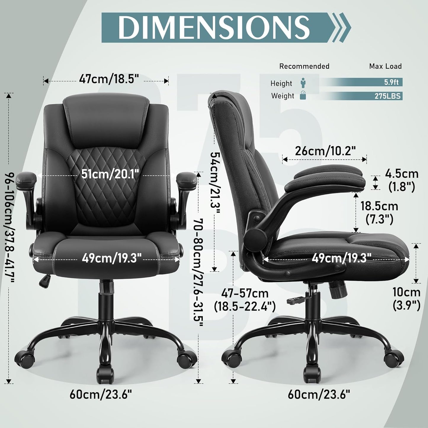 PU Leather Office Chair, Ergonomic Back Support & 360°Swivel - Black