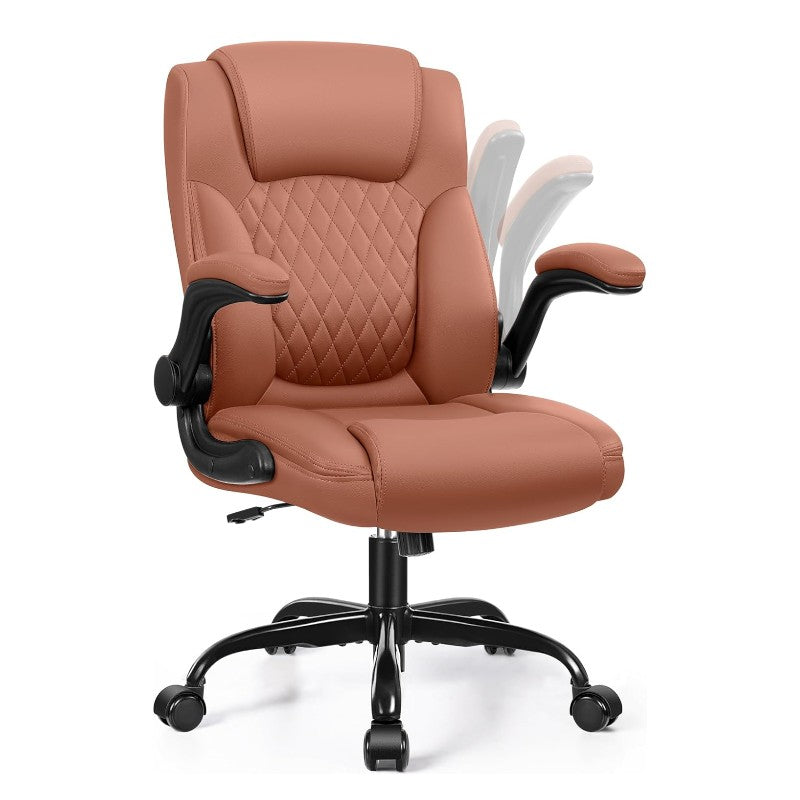 PU Leather Office Chair, Ergonomic Back Support & 360°Swivel - Brown
