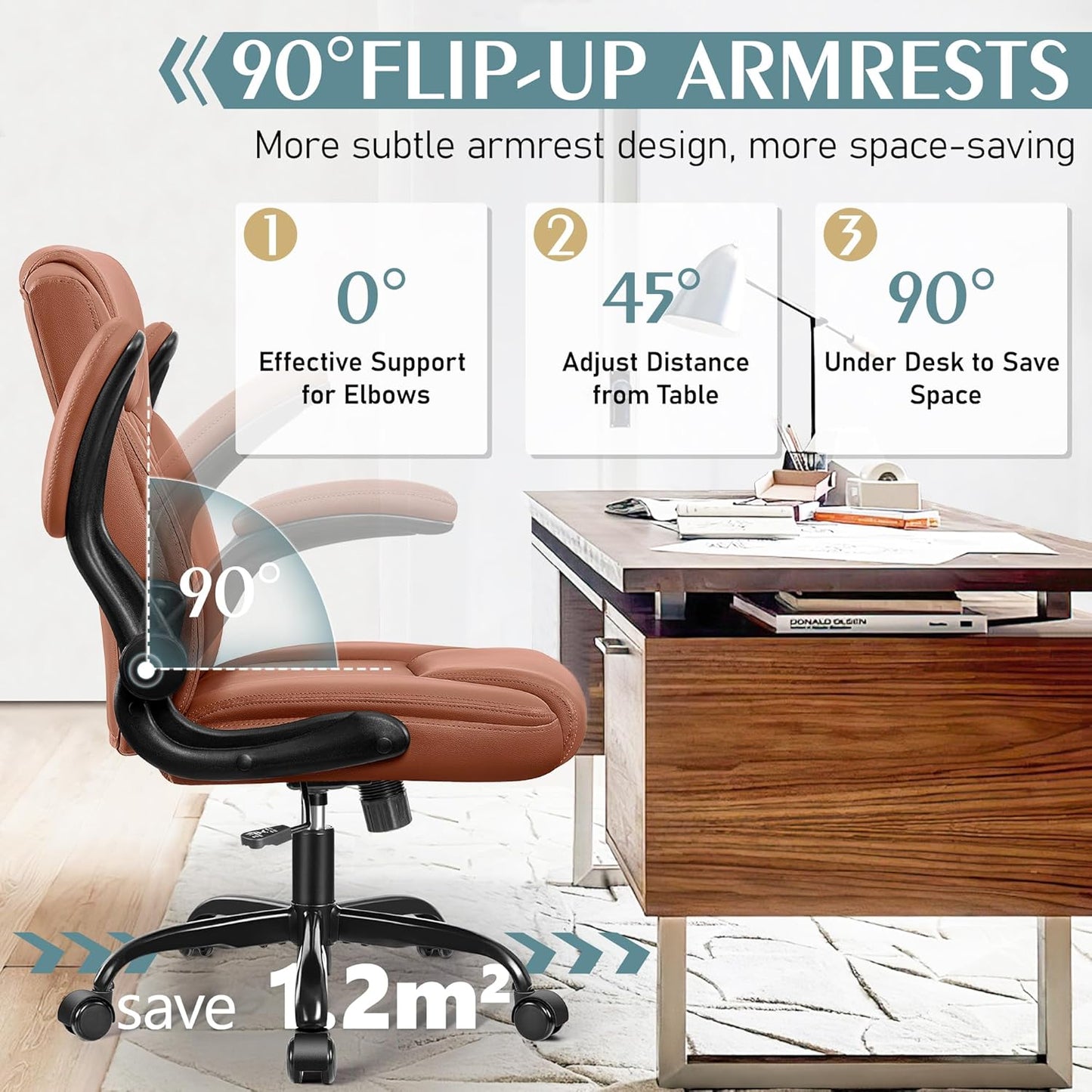 PU Leather Office Chair, Ergonomic Back Support & 360°Swivel - Brown