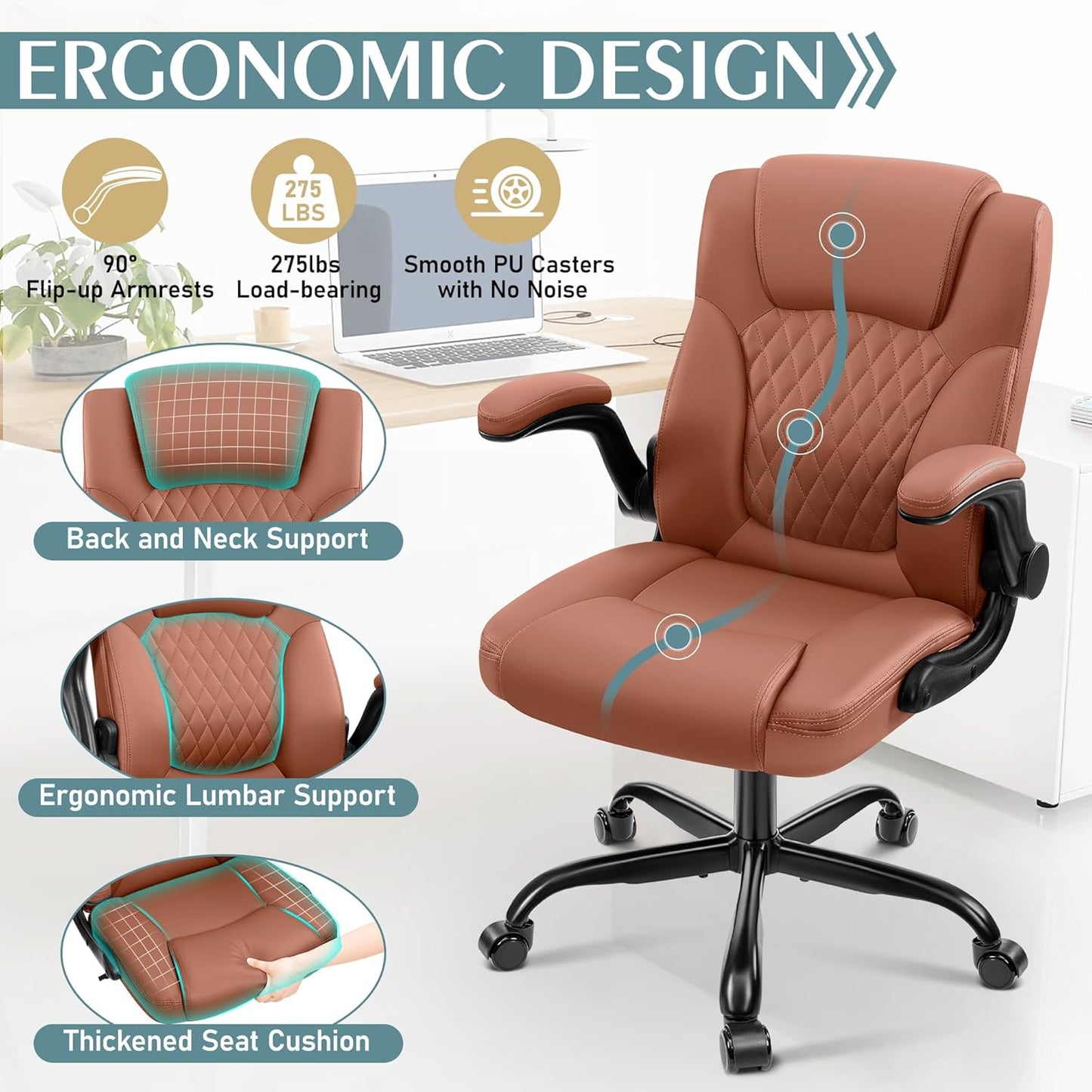 PU Leather Office Chair, Ergonomic Back Support & 360°Swivel - Brown